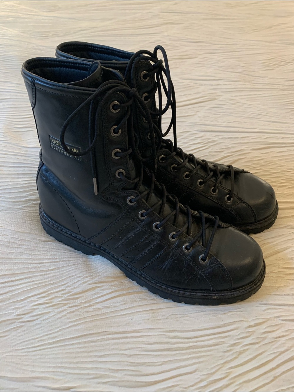 Vintage 2005 Adidas Muhammad Ali Black Lace Up Leather Combat Boots, size 10.5